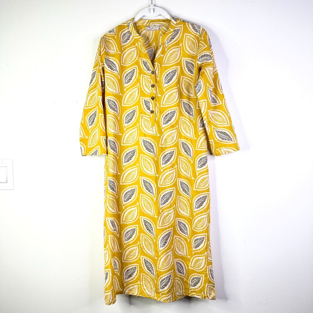 Ulsa Dress Women S Yellow Mustard Midi Side Slits Cotton Kaftan Tunic Cottage